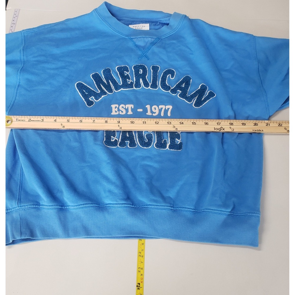 American Eagle Sweatshirt Womens Small Blue Chenille Logo Pullover‎ Crewneck - Picture 7 of 7